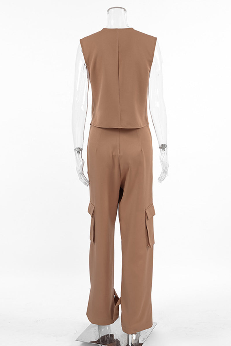 Casual Solid Pocket Buttons Asymmetrical V Neck Sleeveless Two Pieces - Fashionpara