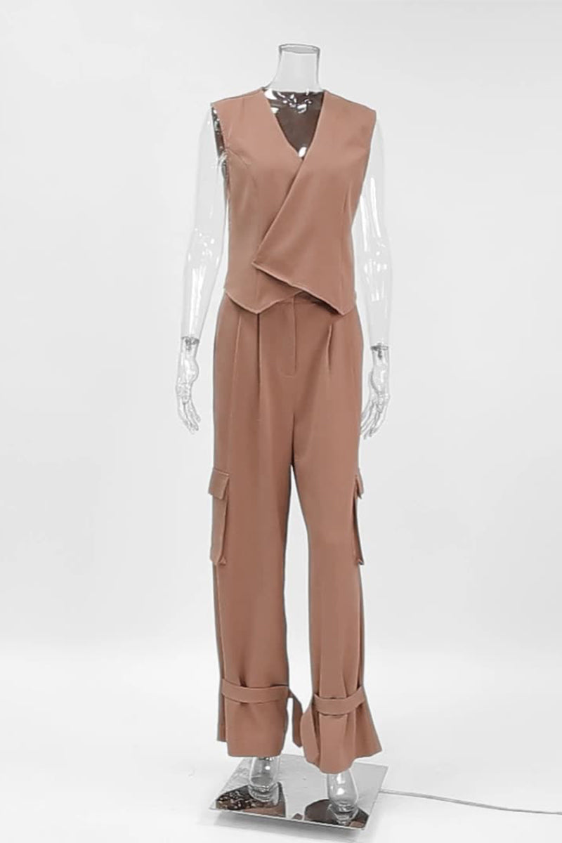 Casual Solid Pocket Buttons Asymmetrical V Neck Sleeveless Two Pieces - Fashionpara