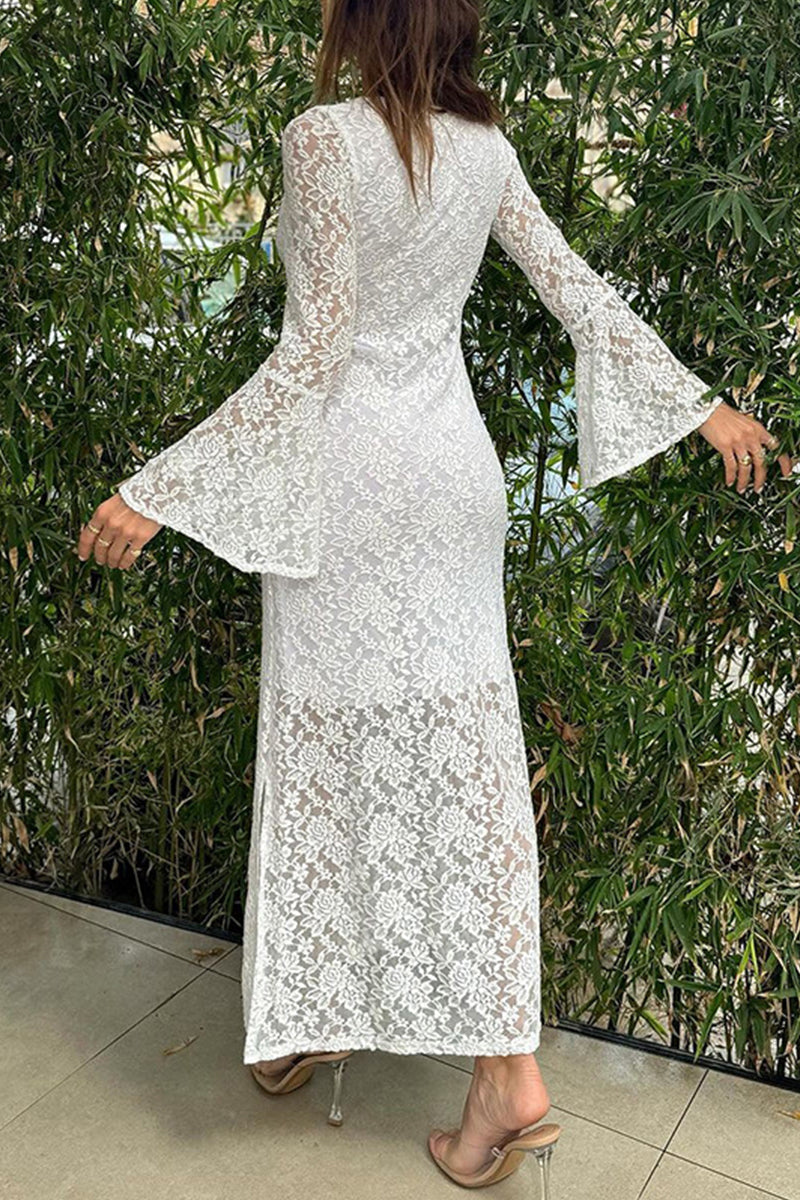 Sexy Solid Lace Slit O Neck One Step Skirt Dresses - Fashionpara