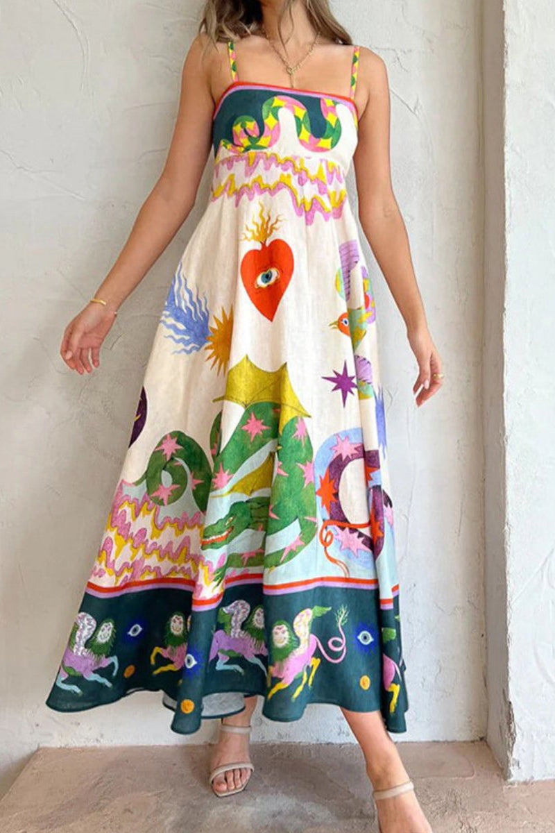 Casual Mixed Printing Contrast Square Collar Sling Dresses - Fashionpara