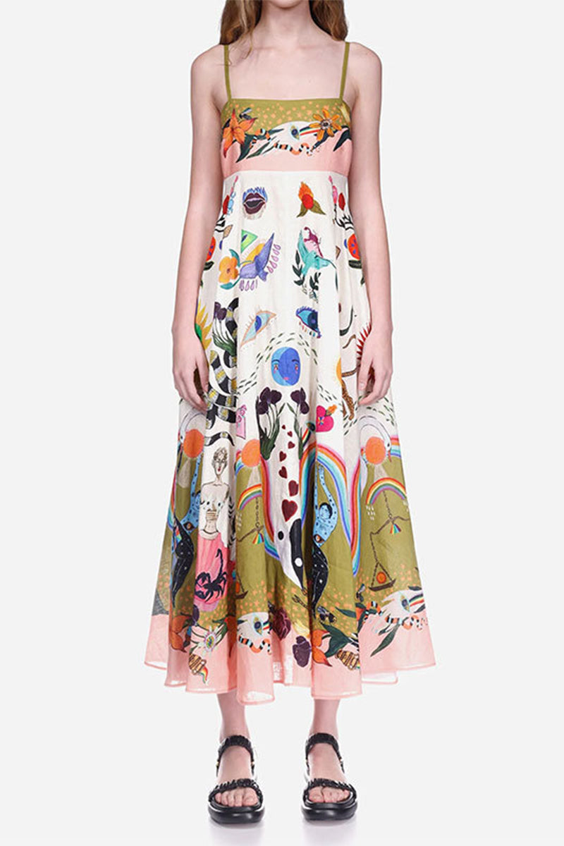 Casual Mixed Printing Contrast Square Collar Sling Dresses - Fashionpara