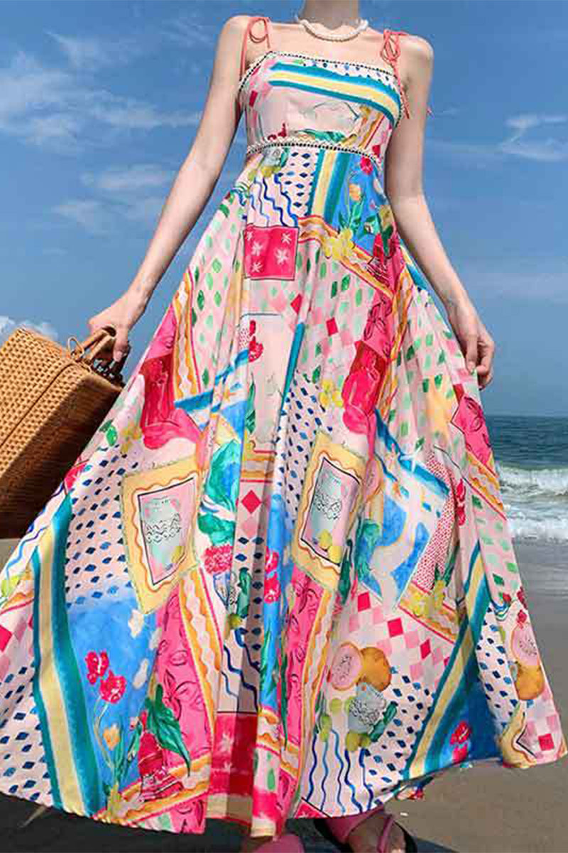 Casual Mixed Printing Contrast Square Collar Sling Dresses - Fashionpara