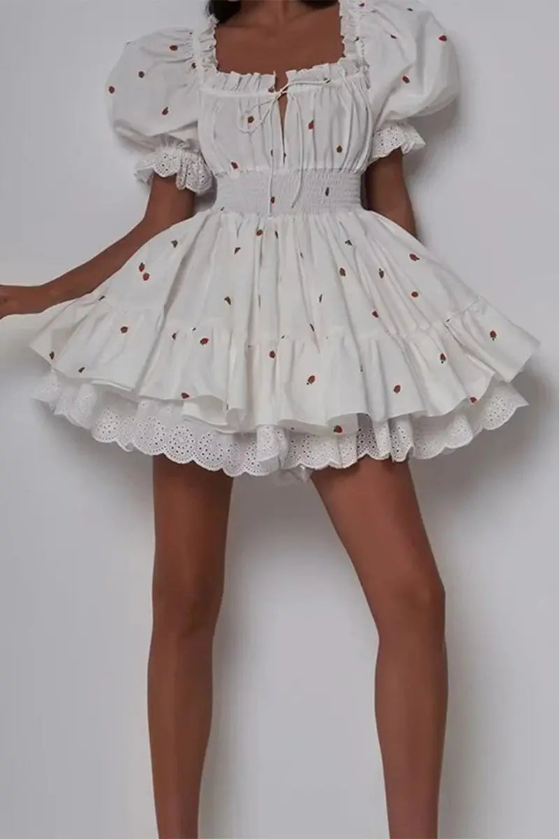 Sweet Fruit printing Patchwork Frenulum Off the Shoulder A Line Dresses  Fashionpara