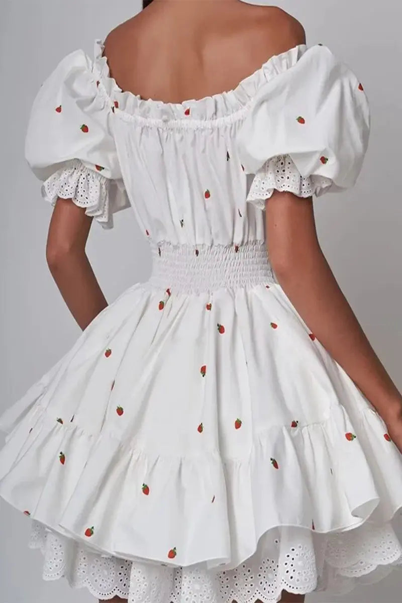 Sweet Fruit printing Patchwork Frenulum Off the Shoulder A Line Dresses  Fashionpara