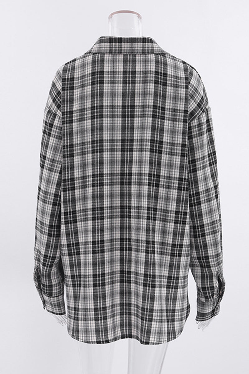 Casual Plaid Contrast Turndown Collar Tops - Fashionpara