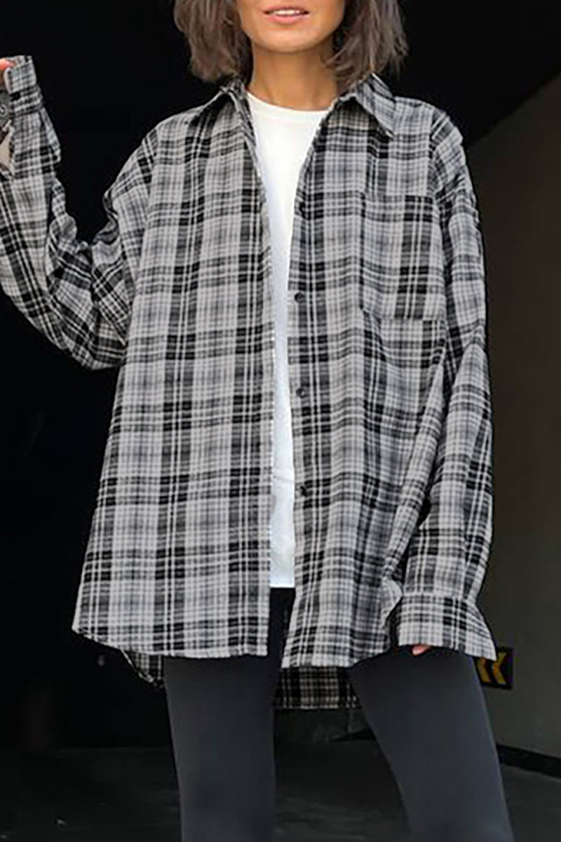 Casual Plaid Contrast Turndown Collar Tops - Fashionpara