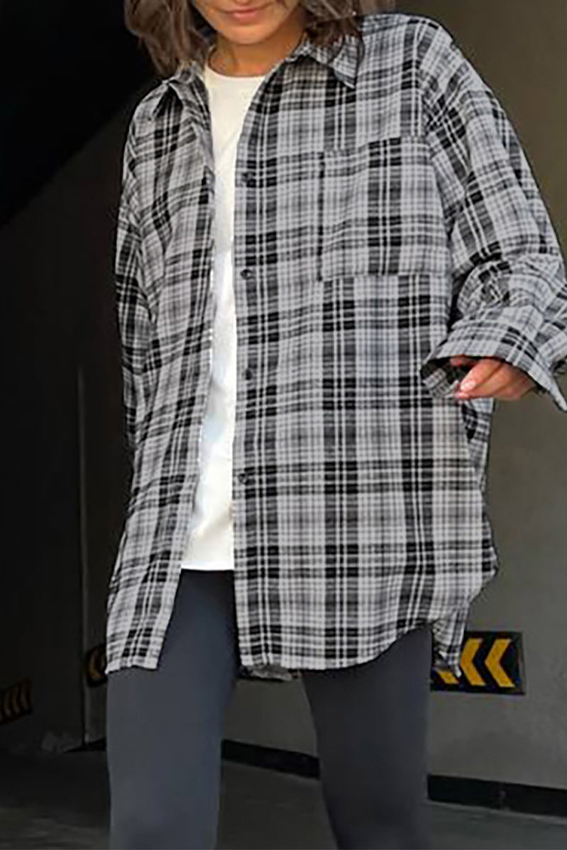 Casual Plaid Contrast Turndown Collar Tops - Fashionpara