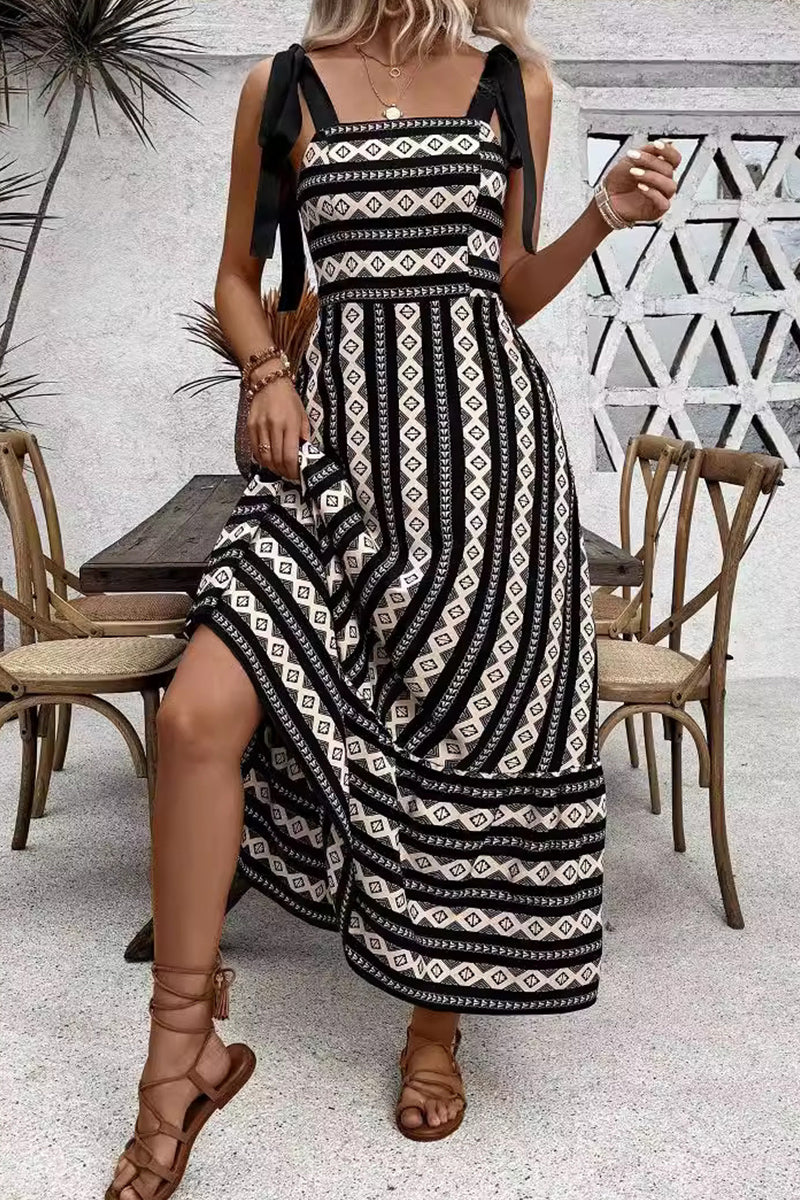 Casual Elegant Geometric Striped Bandage Contrast Square Collar Sling Dresses - Fashionpara