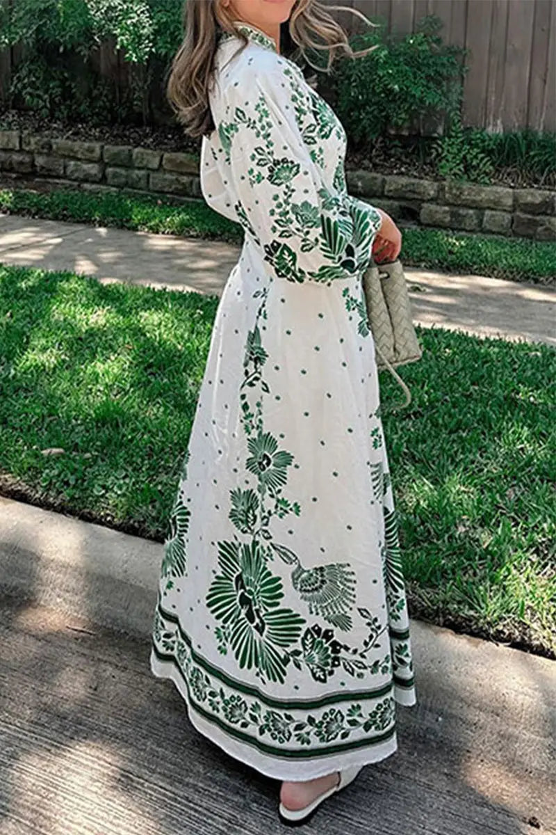 Casual Vacation Floral Print Buckle V Neck Long Sleeve Dresses  Fashionpara