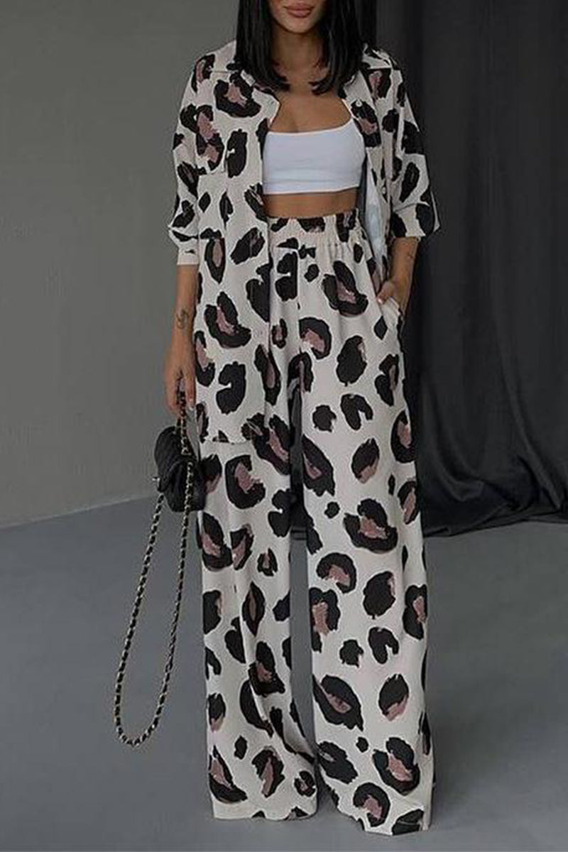 Daily Geometric Print Pocket Turndown Collar Long Sleeve Two Pieces - Fashionpara