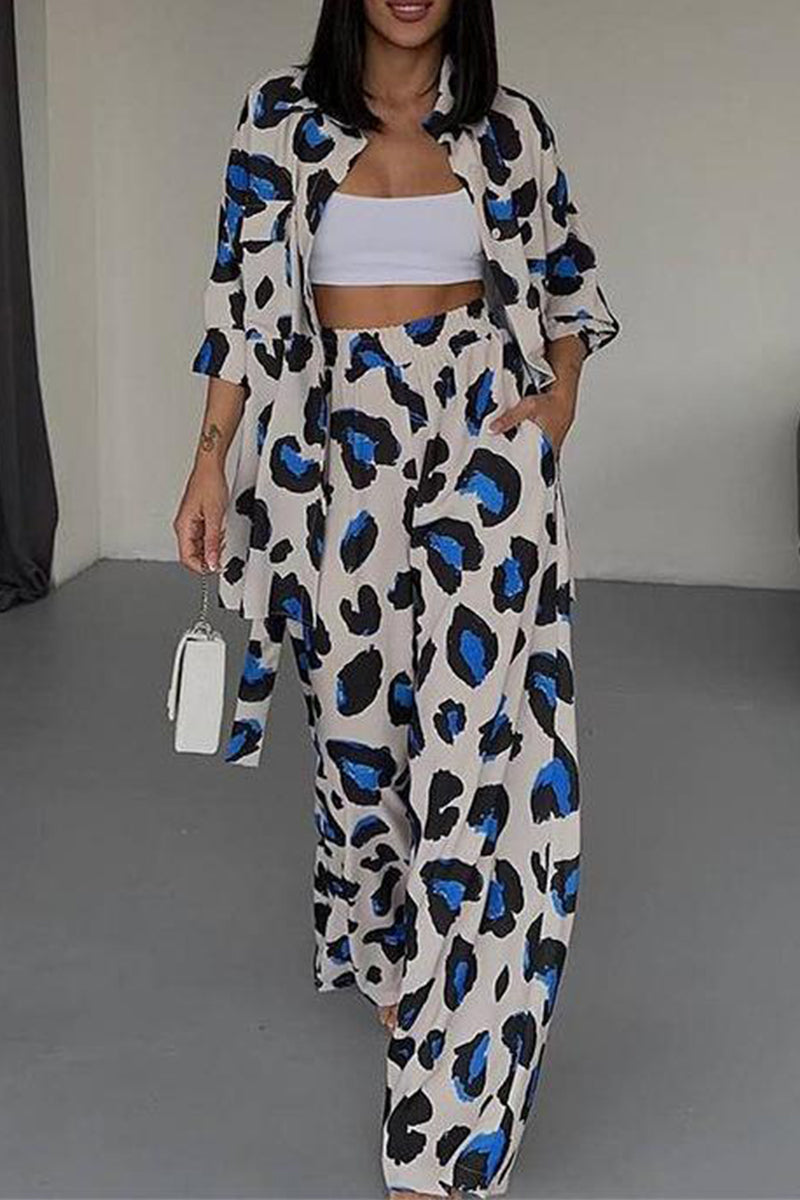 Daily Geometric Print Pocket Turndown Collar Long Sleeve Two Pieces - Fashionpara