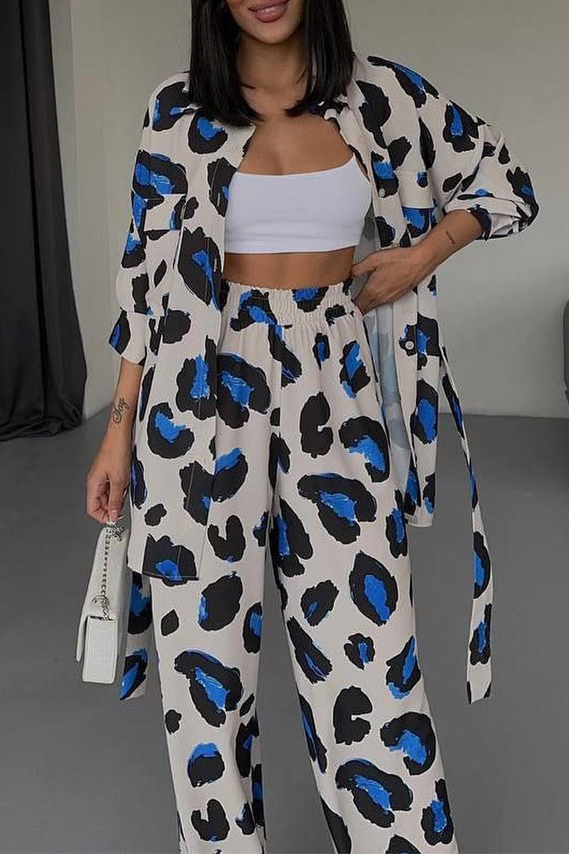 Daily Geometric Print Pocket Turndown Collar Long Sleeve Two Pieces - Fashionpara