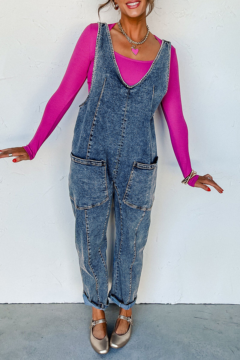 Casual Street Solid Color Distressed Pocket V Neck Sleeveless Loose Denim Jumpsuits - Fashionpara