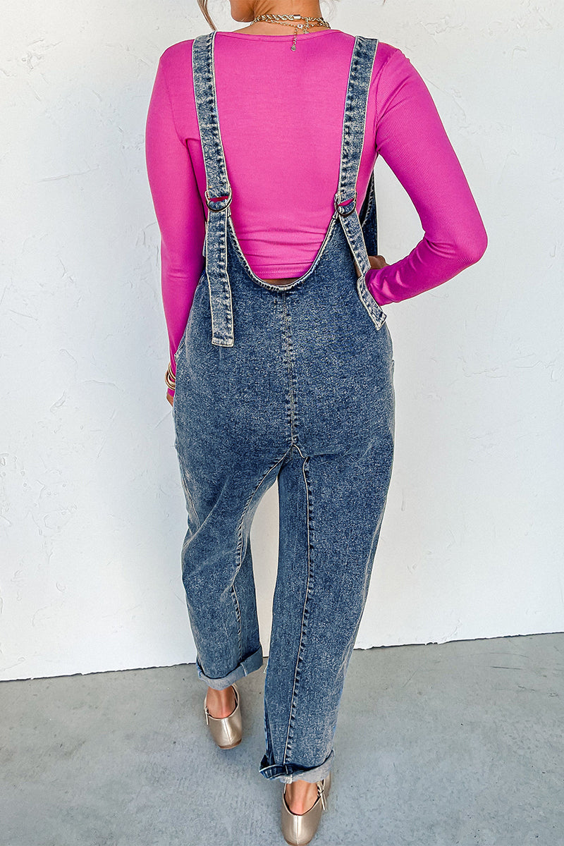 Casual Street Solid Color Distressed Pocket V Neck Sleeveless Loose Denim Jumpsuits - Fashionpara