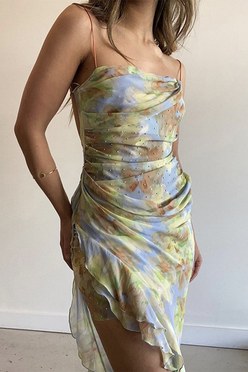 Sexy Gradient Print Lace Up Backless Hot Drill U Neck Long Dresses - Fashionpara