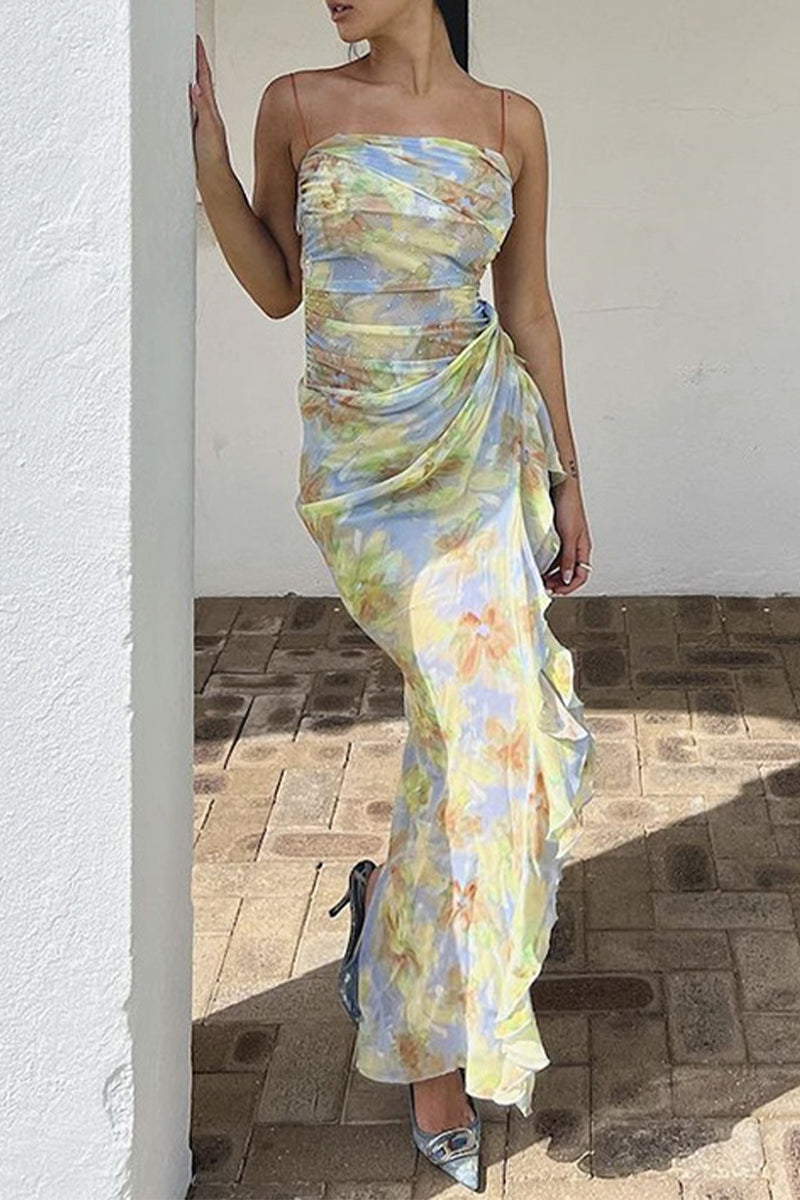 Sexy Gradient Print Lace Up Backless Hot Drill U Neck Long Dresses - Fashionpara