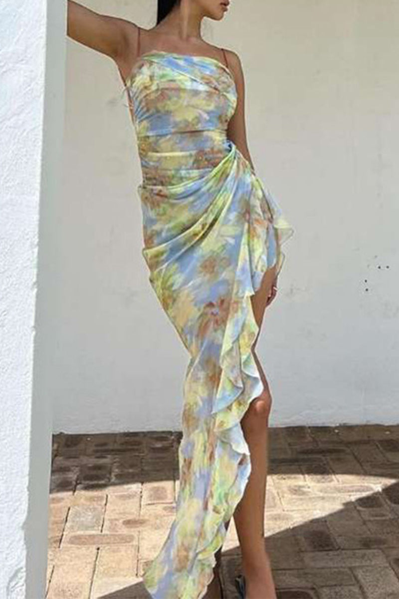 Sexy Gradient Print Lace Up Backless Hot Drill U Neck Long Dresses - Fashionpara