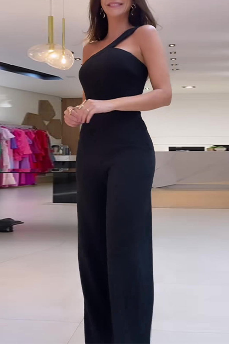 Casual Street Solid Color Irregular Oblique Collar Regular Jumpsuits - Fashionpara