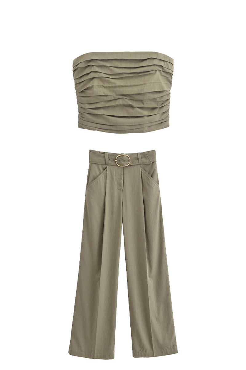 Casual Street Solid Color Pocket Ruched With Belt Strapless Sleeveless Two Pieces - Fashionpara