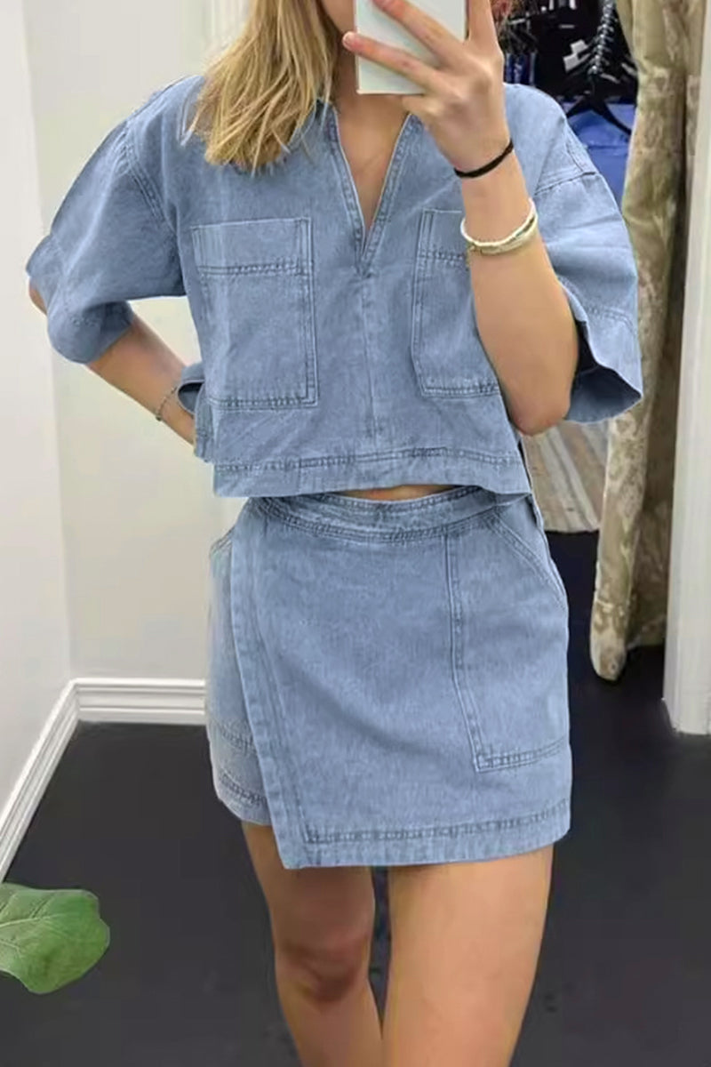 Casual Street Solid Color Pocket Irregular POLO collar Two Pieces - Fashionpara