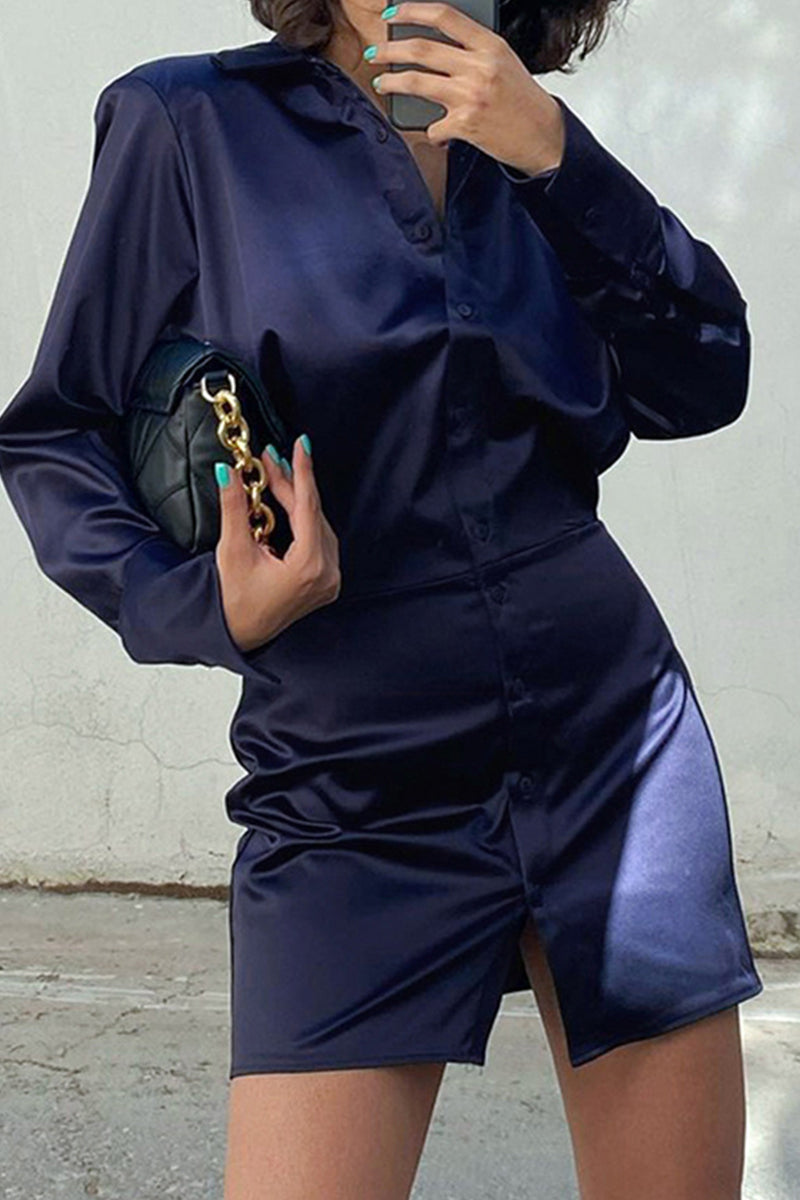 Sexy Solid Color Buttons Turndown Collar Shirt Dresses - Fashionpara