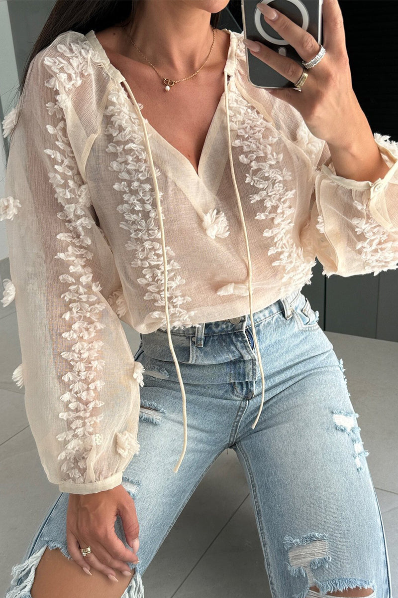 Sexy Jacquard Solid Color Lace Up See-Through V Neck Blouses(3 Colors) - Fashionpara