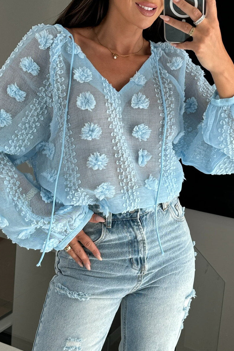 Sexy Jacquard Solid Color Lace Up See-Through V Neck Blouses(3 Colors) - Fashionpara
