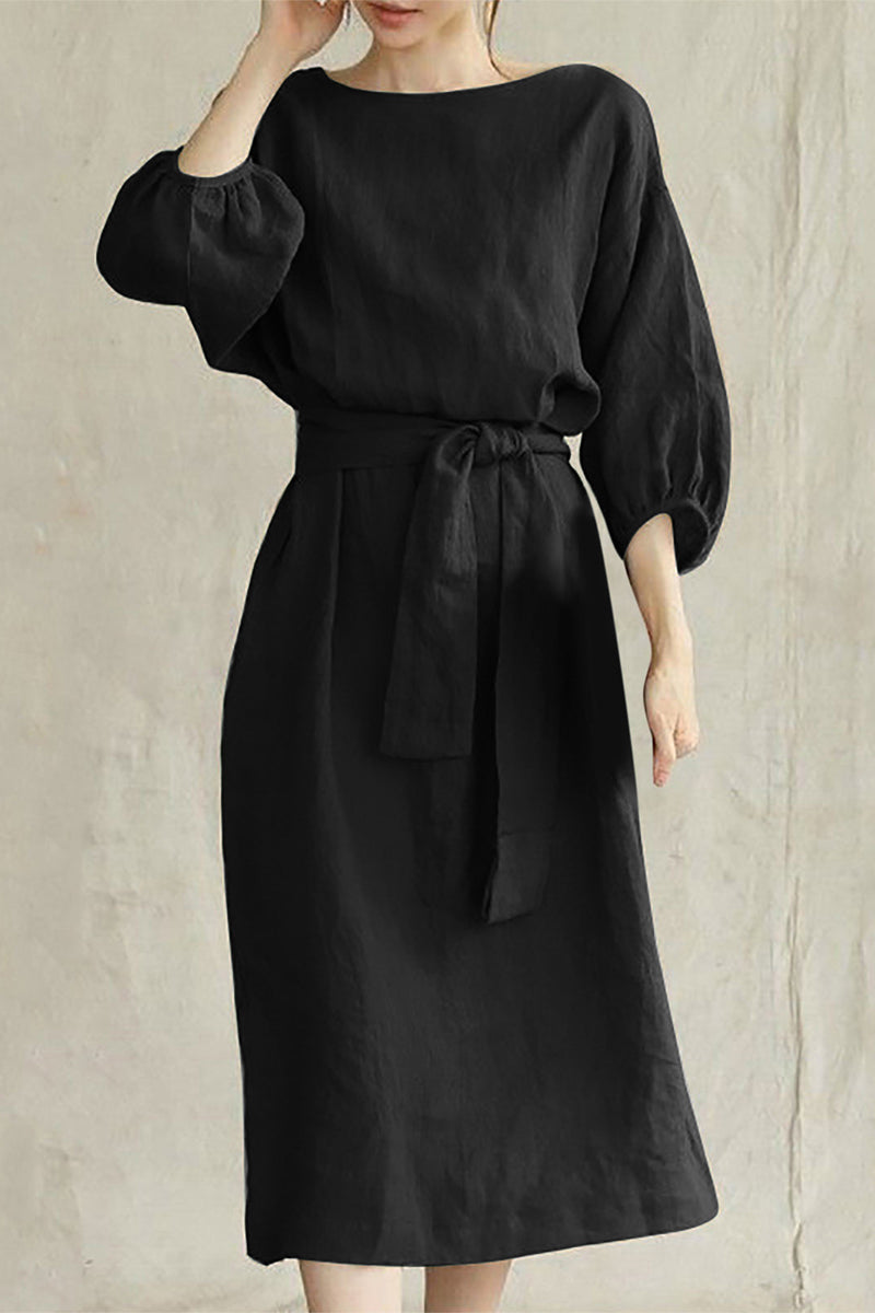 Casual Daily Solid Color Lace Up O Neck A Line Dresses(12 Colors) - Fashionpara