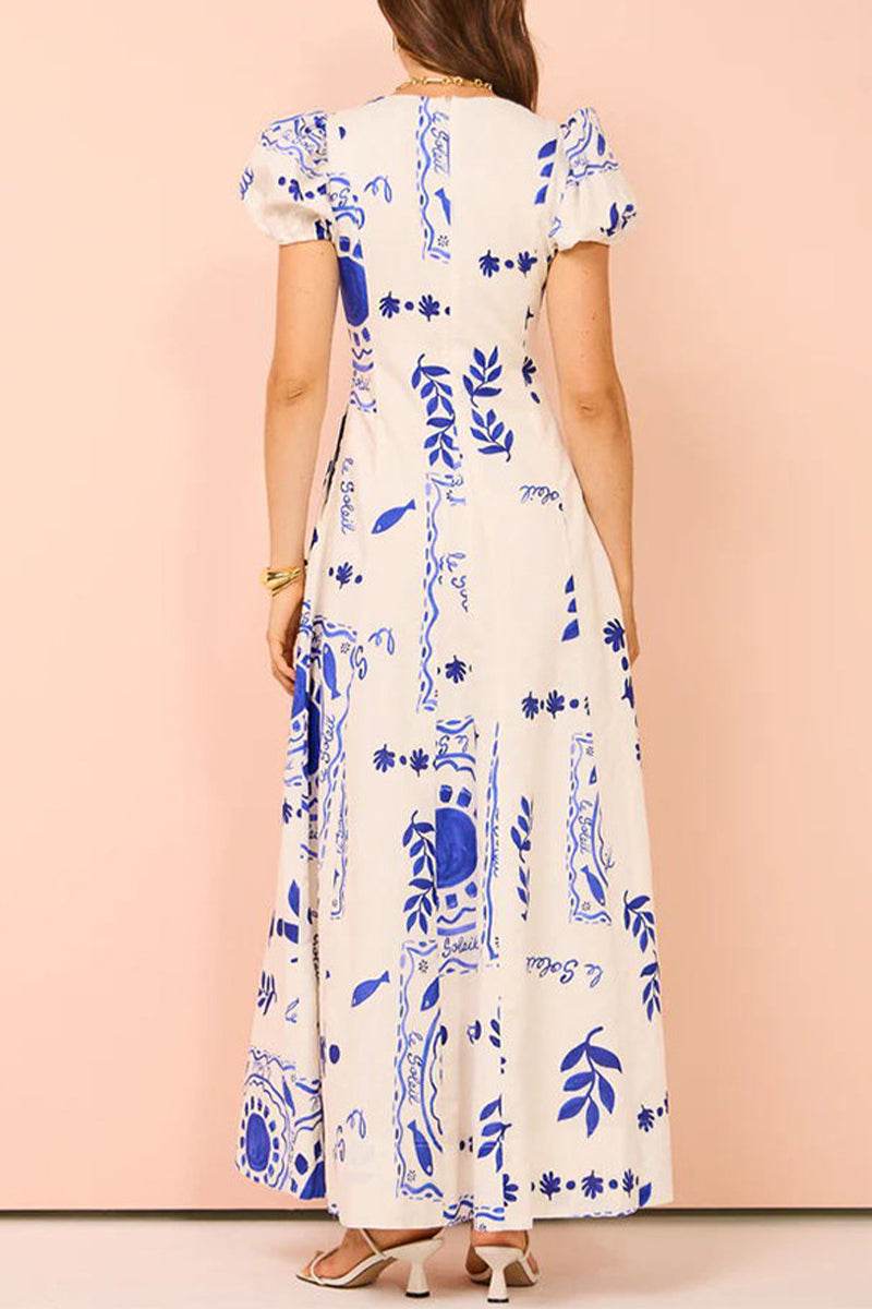 Casual Daily Geometric Print Pocket V Neck A Line Short Sleeve Dress - Fashionpara