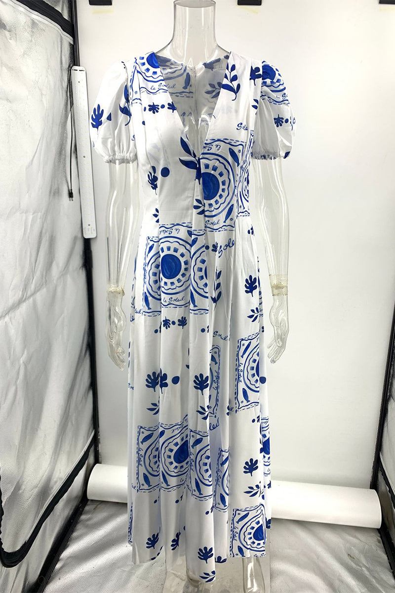 Casual Daily Geometric Print Pocket V Neck A Line Short Sleeve Dress - Fashionpara