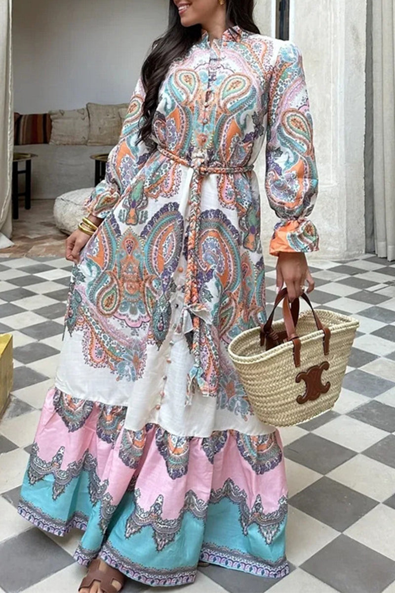 Casual Daily National Totem Print Lace Up Buckle O Neck A Line Dresses - Fashionpara