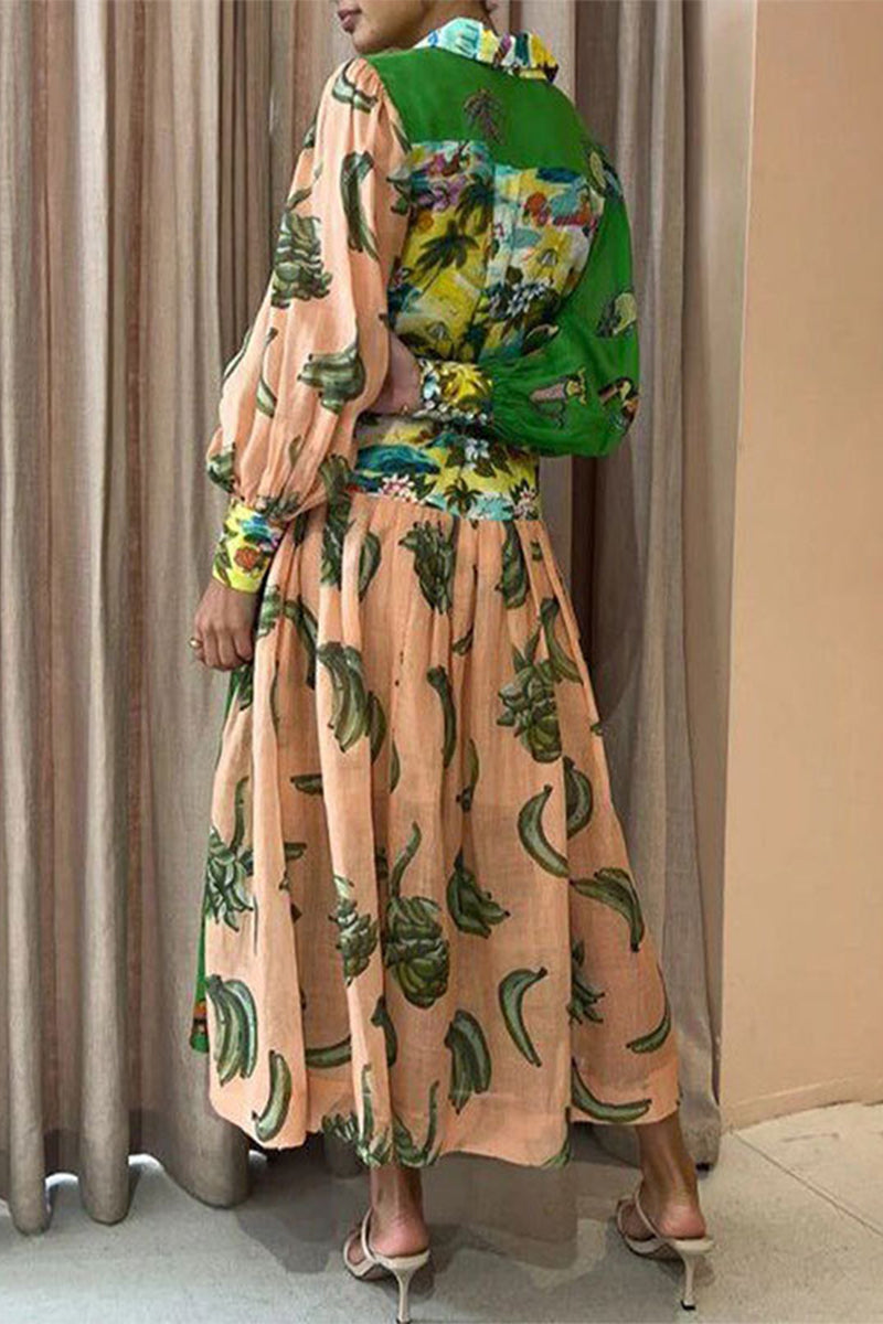 Casual Street Floral Print Lace Up Buckle Contrast Turndown Collar A Line Dresses - Fashionpara