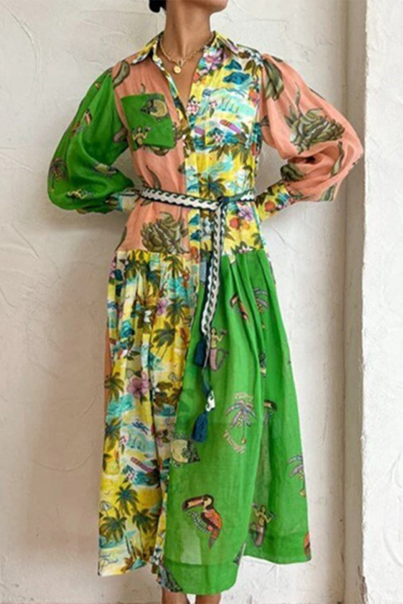 Casual Street Floral Print Lace Up Buckle Contrast Turndown Collar A Line Dresses - Fashionpara