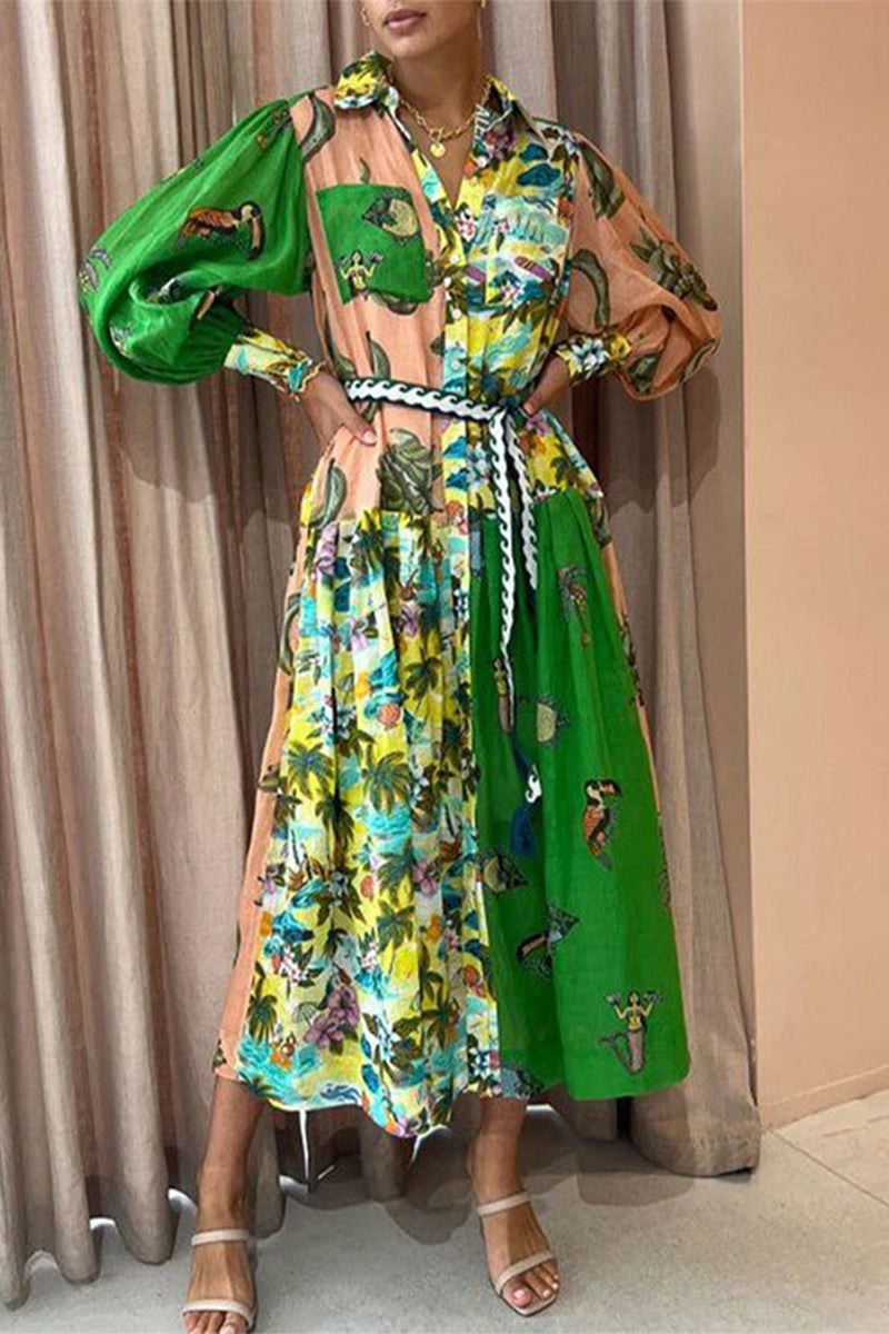 Casual Street Floral Print Lace Up Buckle Contrast Turndown Collar A Line Dresses - Fashionpara