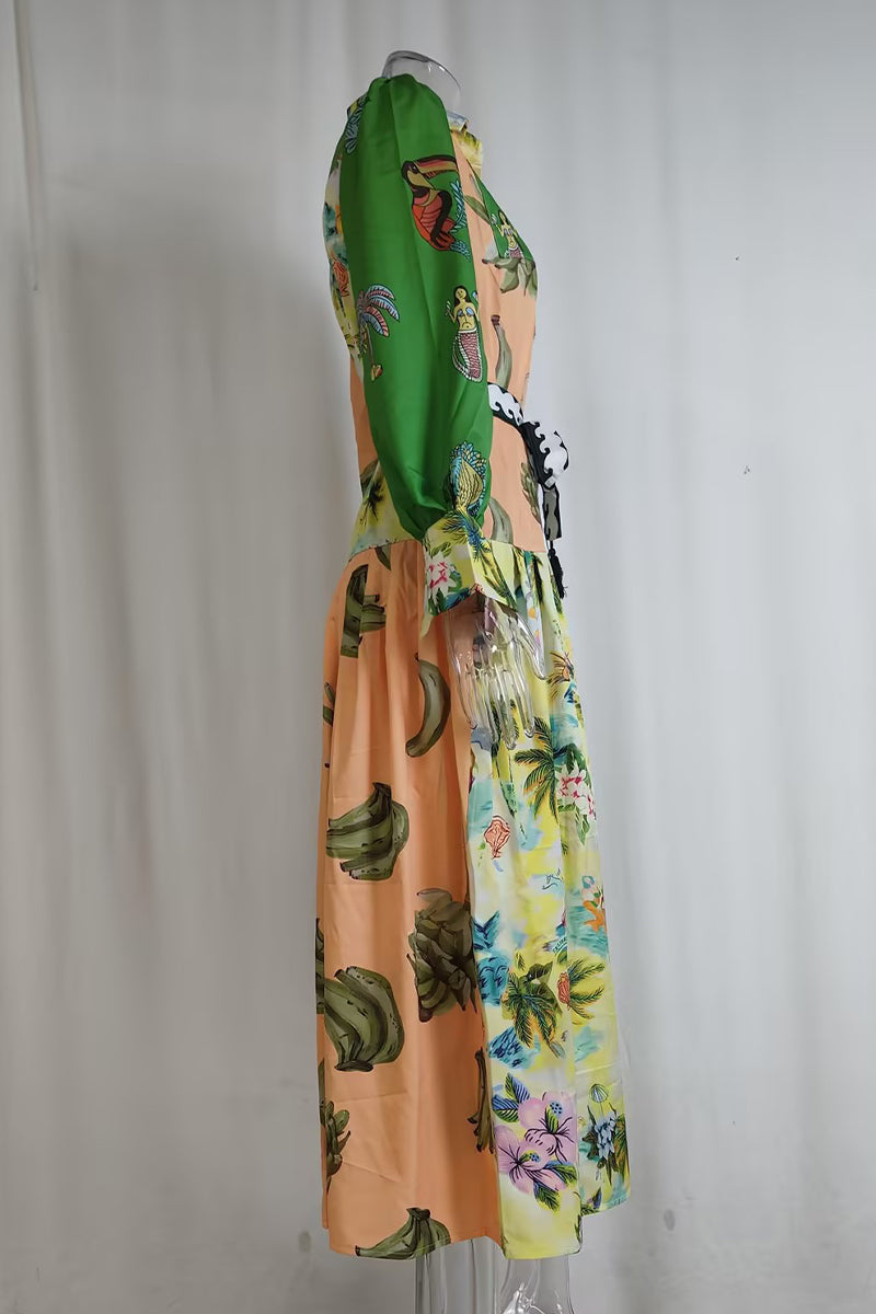 Casual Street Floral Print Lace Up Buckle Contrast Turndown Collar A Line Dresses - Fashionpara