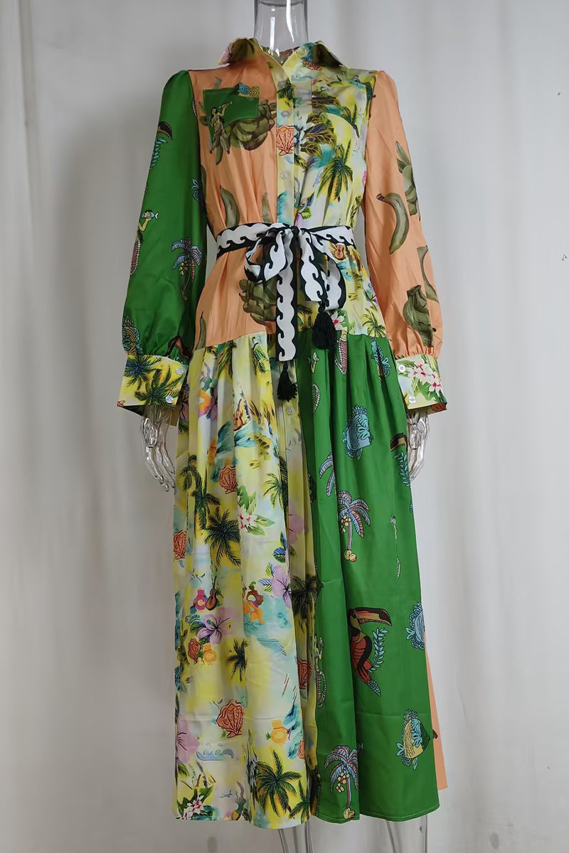 Casual Street Floral Print Lace Up Buckle Contrast Turndown Collar A Line Dresses - Fashionpara