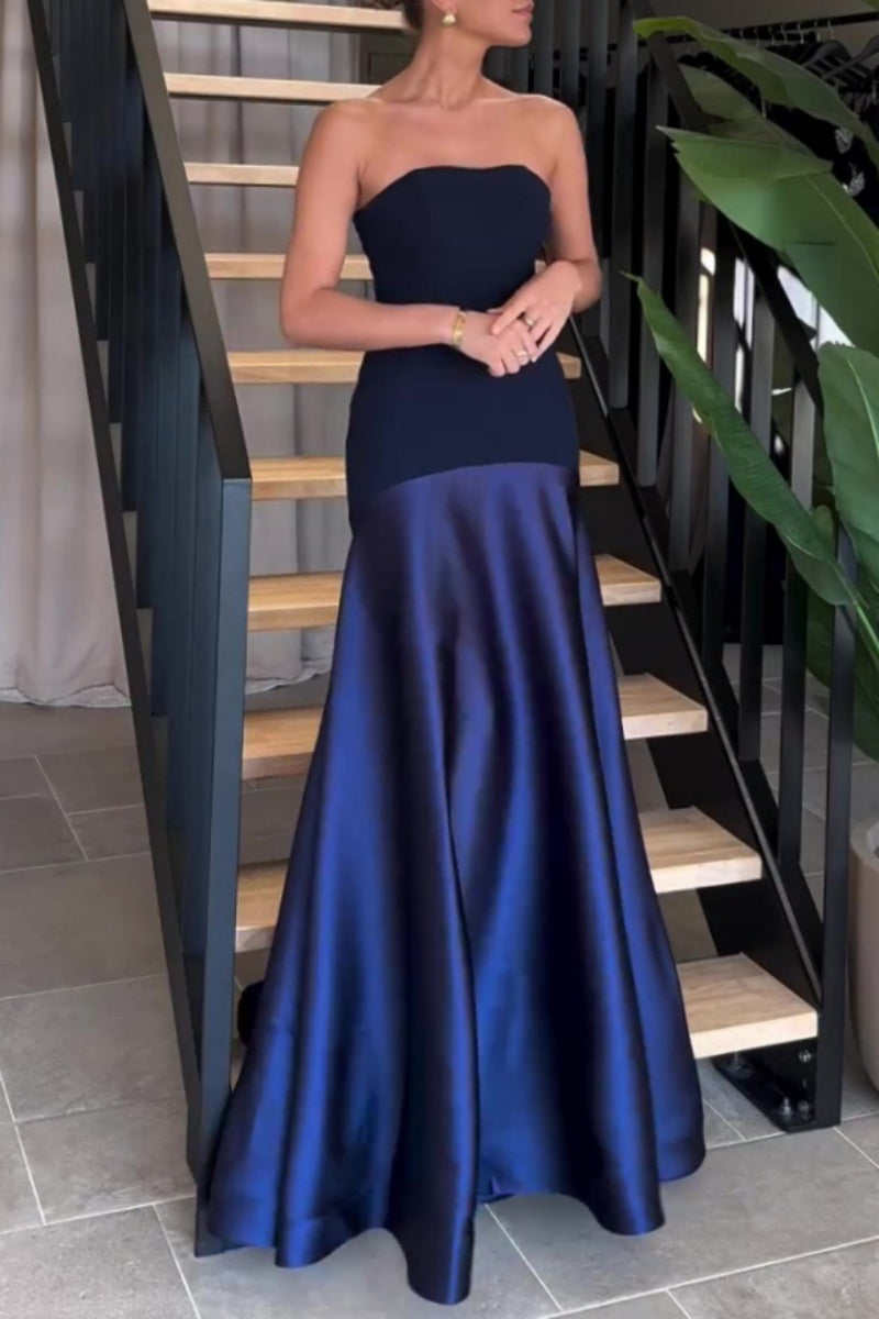 Sexy Formal Patchwork Backless Contrast Strapless Long Dresses - Fashionpara