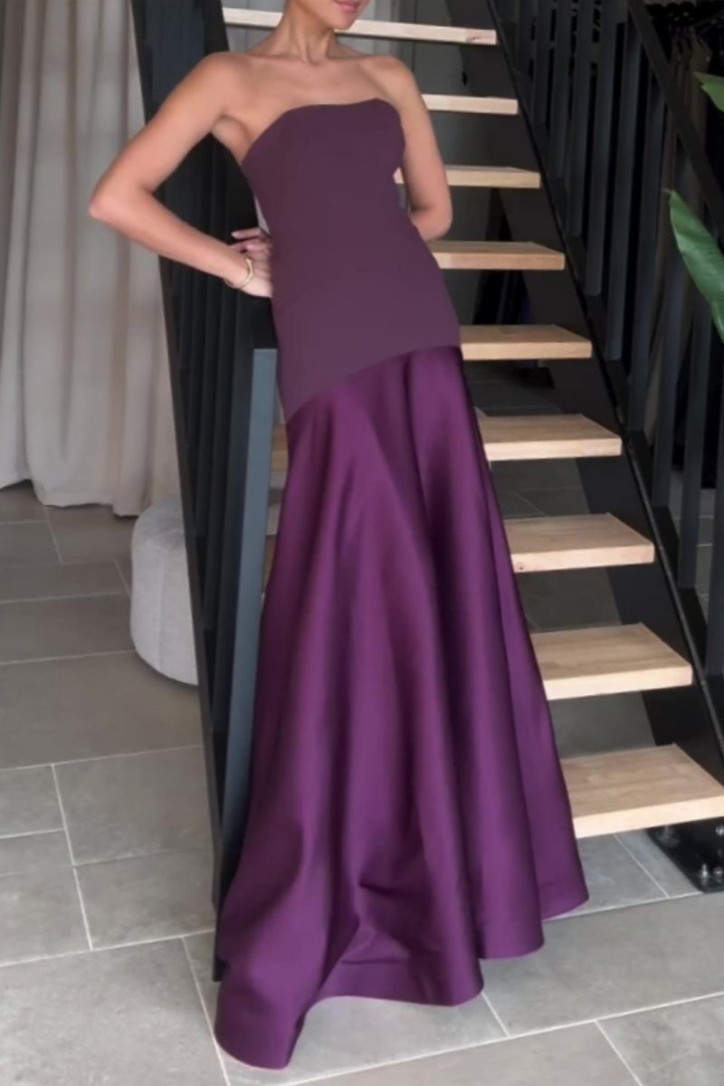 Sexy Formal Patchwork Backless Contrast Strapless Long Dresses - Fashionpara