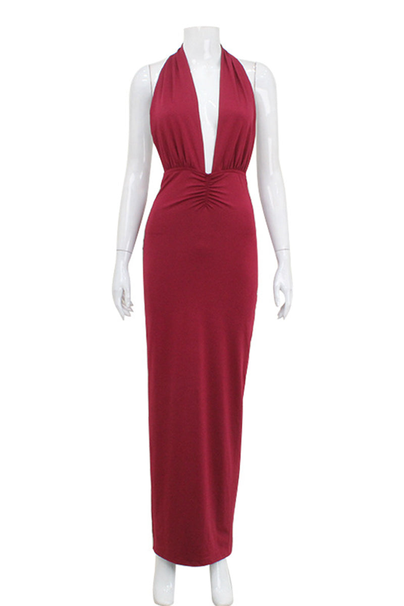 Sexy Solid Color Backless Ruched Halter Evening Dresses - Fashionpara