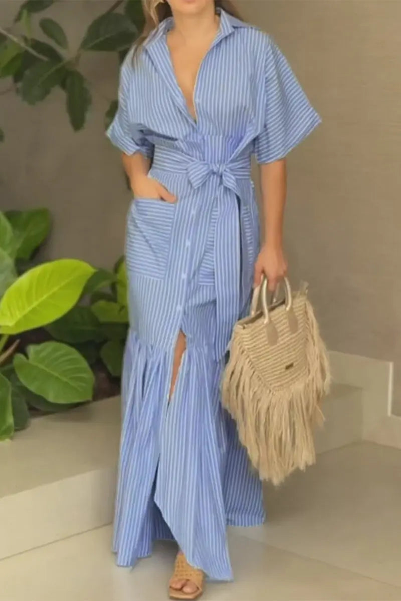 Casual Daily Striped Print Pocket Lace Up Shirt Short Sleeve Dress  Fashionpara