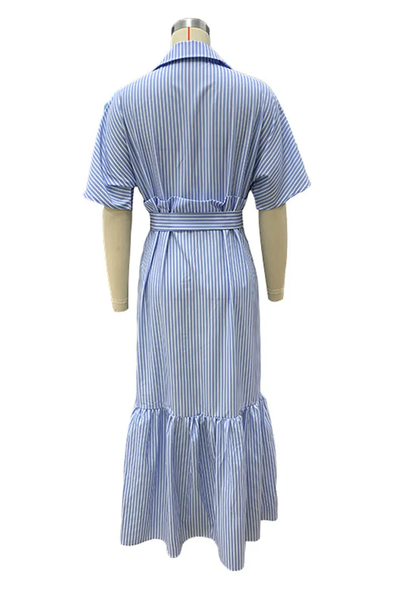 Casual Daily Striped Print Pocket Lace Up Shirt Short Sleeve Dress  Fashionpara