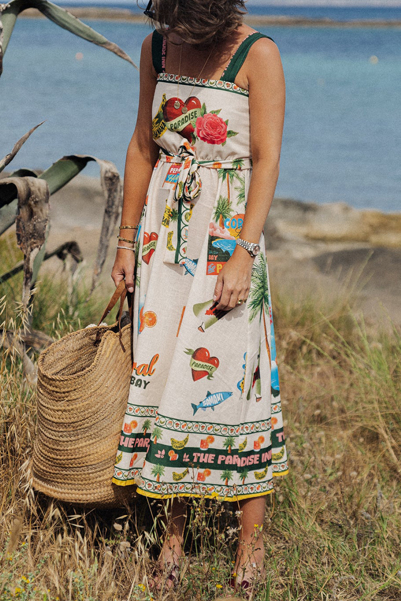 Casual Vacation Animal Print Fruit Print Lace Up Square Neck Sling Dresses - Fashionpara