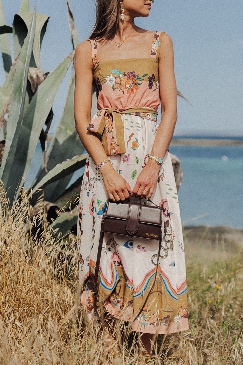 Casual Vacation Animal Print Fruit Print Lace Up Square Neck Sling Dresses - Fashionpara