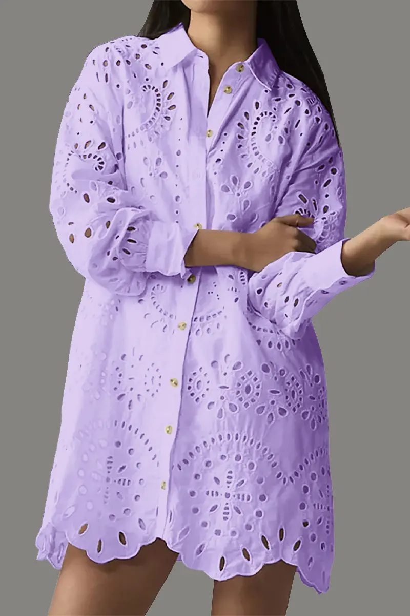 Casual Daily Solid Color Hollow Out Buckle Turndown Collar Blouses(4 Colors)  Fashionpara