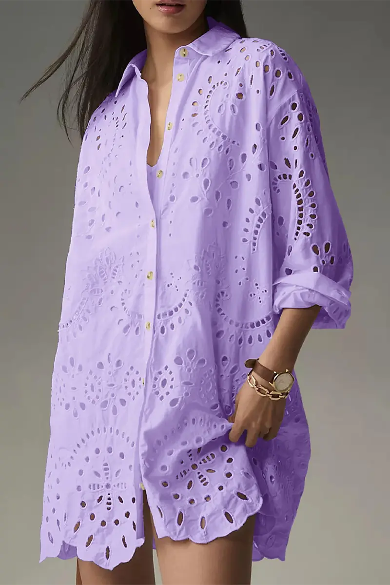 Casual Daily Solid Color Hollow Out Buckle Turndown Collar Blouses(4 Colors)  Fashionpara