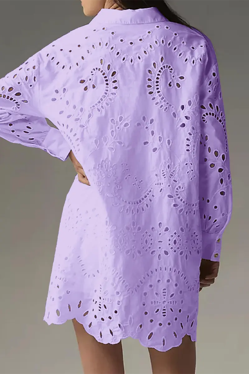 Casual Daily Solid Color Hollow Out Buckle Turndown Collar Blouses(4 Colors)  Fashionpara