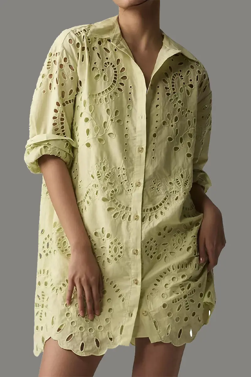 Casual Daily Solid Color Hollow Out Buckle Turndown Collar Blouses(4 Colors)  Fashionpara