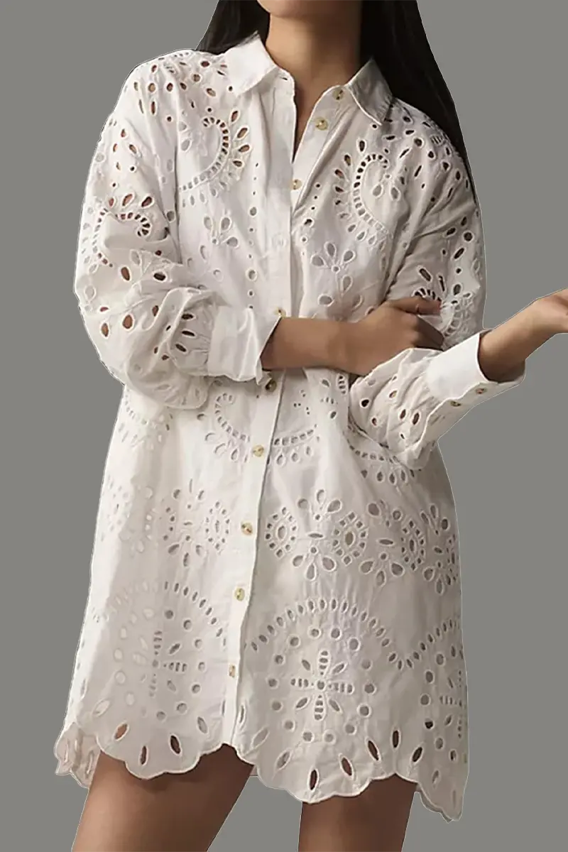 Casual Daily Solid Color Hollow Out Buckle Turndown Collar Blouses(4 Colors)  Fashionpara