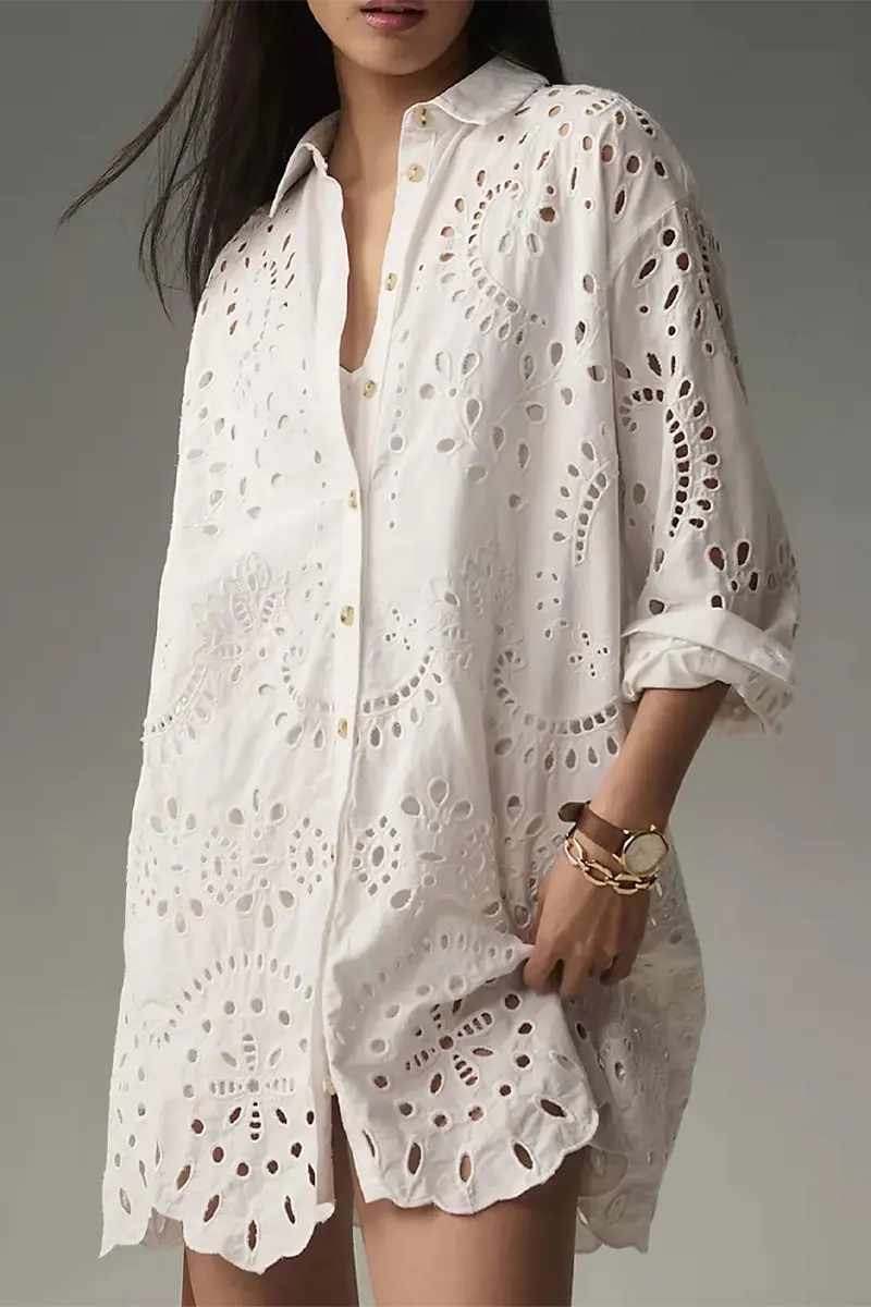 Casual Daily Solid Color Hollow Out Buckle Turndown Collar Blouses(4 Colors)  Fashionpara