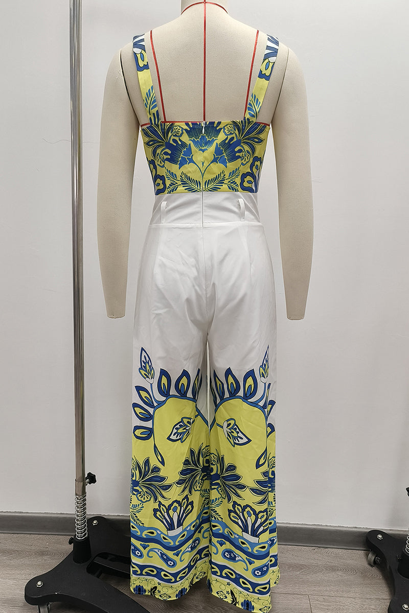 Celebrities Print Hollow Out Backless Patchwork Square Neck Loose Jumpsuits - Fashionpara